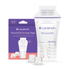Lansinoh Breastmilk Storage Bags, 50 Count with 2 Pump Adapters, Baby Essentials, Fast Freeze & Thaw Breast Milk Bags for Baby Bottle Feeding, Superior Strength & Stretch, 6 Ounce