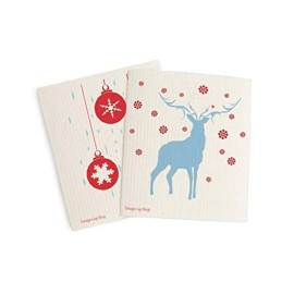 Skoy Cloth - 2-Pack Eco-Friendly & Reusable Swedish Dishcloth, for Kitchen & Household Use, Plastic-Free Packaging, Dishwasher Safe, Designer Series - Reindeer/Ornaments, White Skoy Cloth