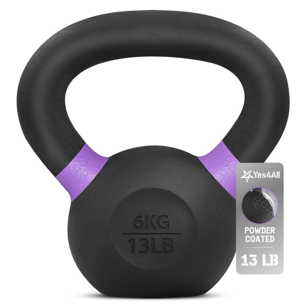 Yes4All Powder Coated Kettlebell, 13 lb Cast Iron Core Kettlebells with Non-Slip Handle & Flat Bottom for Conditioning, Heavy Duty for Strength Training - Single, Purple
