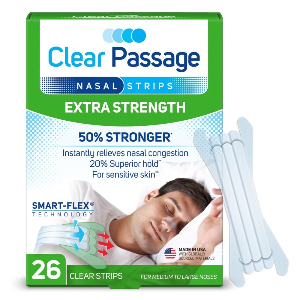 Clear Passage Nasal Strips Extra Strength, Clear, 26 ct | Works Instantly to Improve Sleep, Reduce Snoring, & Relieve Nasal Congestion Due to Colds & Allergies