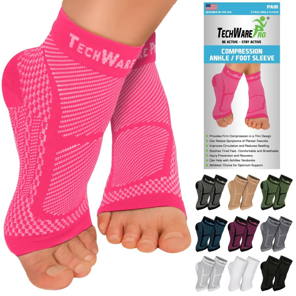 TechWare Pro Ankle Brace Compression Sleeve - Relieves Achilles Tendonitis, Joint Pain. Plantar Fasciitis Foot Sock with Arch Support Reduces Swelling & Heel Spur Pain. (Pink, L/XL)