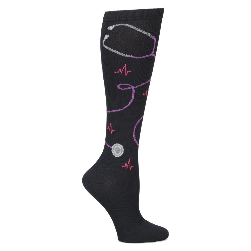 Nurse Mates Women\'s Calf Socks | 12-14 mmHg Compression | Superior Support & Comfort | 1 Pair | Black Stethoscope