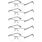 EYECEDAR 5 Pack Reading Glasses Men Blue Light Blocking Eyeglasses Gunmetal Gray Metal Half Frame Spring Hinges Readers for Men and Women 1.0
