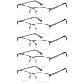 EYECEDAR 5 Pack Reading Glasses Men Blue Light Blocking Eyeglasses Gunmetal Gray Metal Half Frame Spring Hinges Readers for Men and Women 1.0