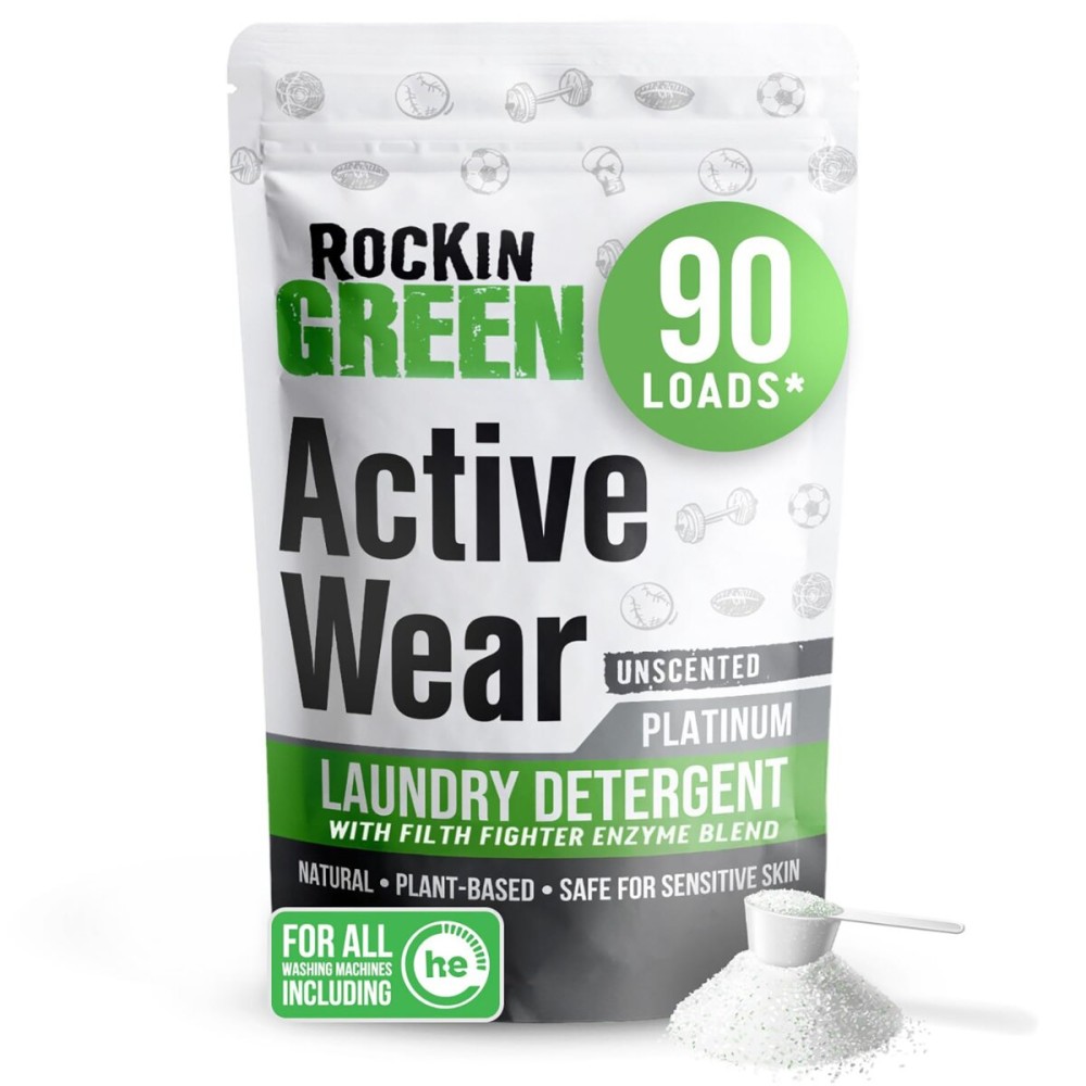 Rockin Green Active Wear Laundry Detergent - Unscented Laundry Detergent Powder & Odor Eliminator - Workout Clothes & Sportswear - Safe for Sensitive Skin - 90 Loads
