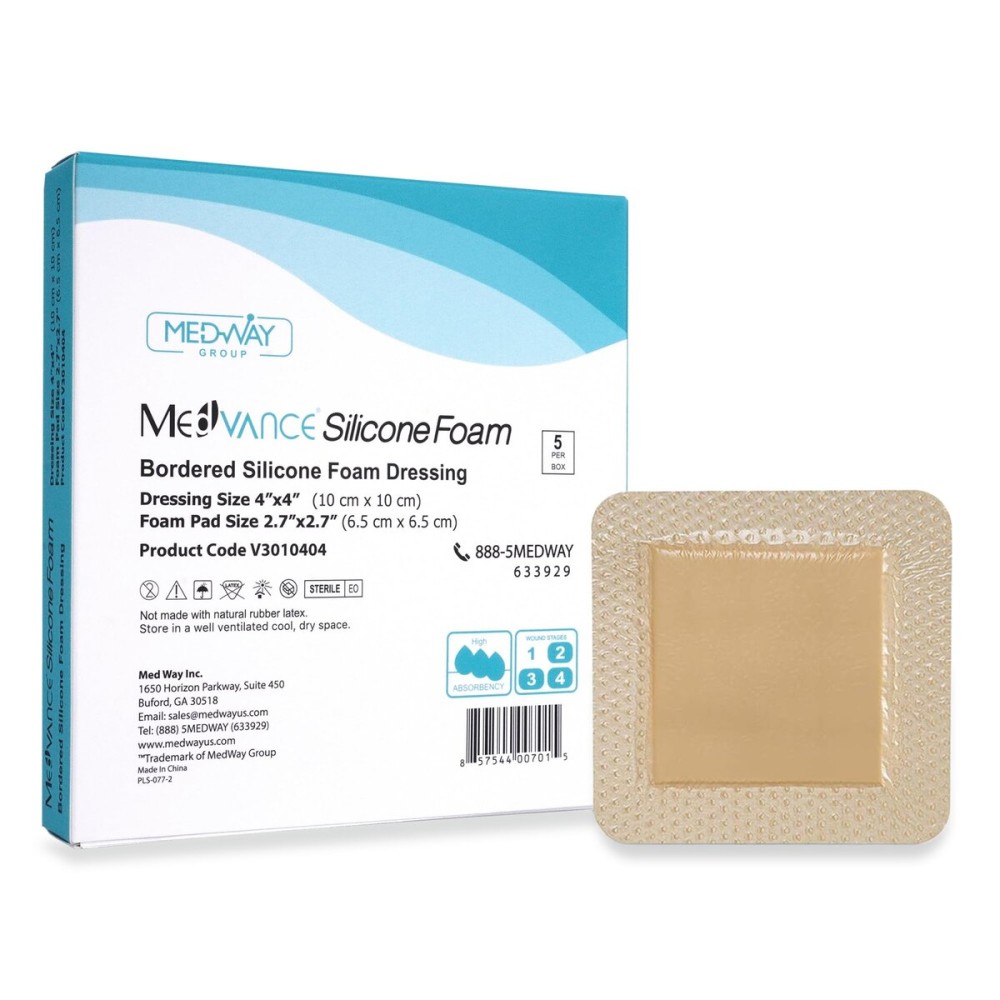 MedVance TM Silicone - Bordered Silicone Adhesive Foam Dressing Size 4x4 (2.7x2.7 pad), Box of 5 dressings
