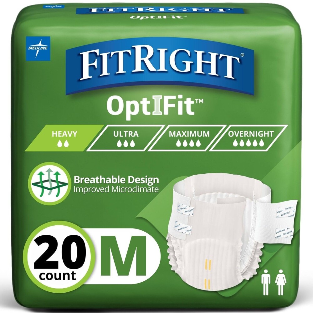 FitRight OptiFit Extra Adult Briefs, Incontinence Diapers with Tabs, Moderate Absorbency, Medium, 32 to 44, 20 Count