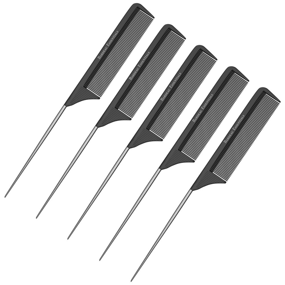 Bardeau Essentials Professional 8.8 Inch Tail Comb (5 Pack) - Black Carbon Fiber and Stainless Steel Pintail - Anti Static and Heat Resistant Teasing Comb - Lightweight for All Hair Types