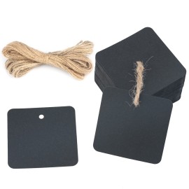 G2PLUS Black Paper Gift Tags with String, 100PCS Square Hang Tags, 2.2 in Blank Present Label Tag for Gift Wrapping, Pricing, DIY Arts & Crafts, Halloween, Christmas, Wedding Party Favors
