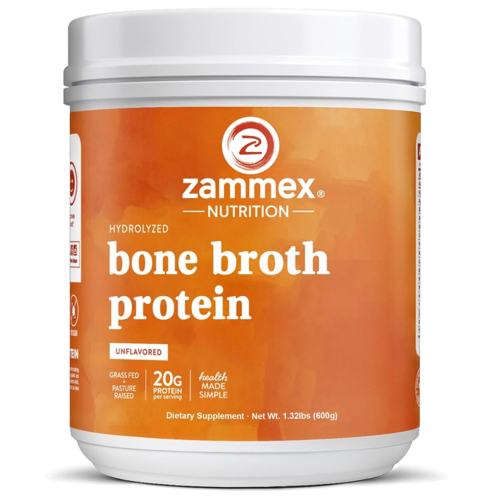 Zammex Pure Grass Fed Beef Bone Broth Protein Powder,20g Protein, Hydrolyzed Collagen Supplement for Healthy Skin,Nails,Hair,Joints, Non-GMO,Gluten Free,Paleo & Keto Friendly, Great in Soup