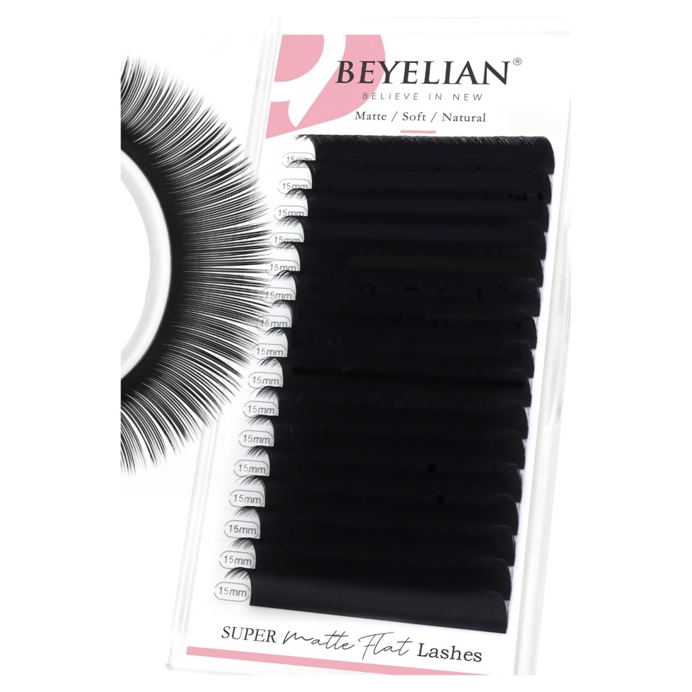 BEYELIAN Ellipse Flat Lash Extension 16 Rows 0.15 C Curl 15mm Single Length Tray Flat Eyelash Extension Matte Black Classic Lash Extensions Professional Supplies