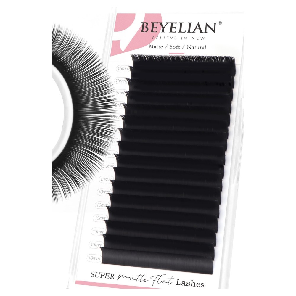 BEYELIAN Flat Eyelash Extension, Ellipse Lash Extensions 0.15 D Curl 13mm 16 Rows Matte Black Eyelash Extension Supplies Classic Lash Extensions Individual Eyelashes Salon Use