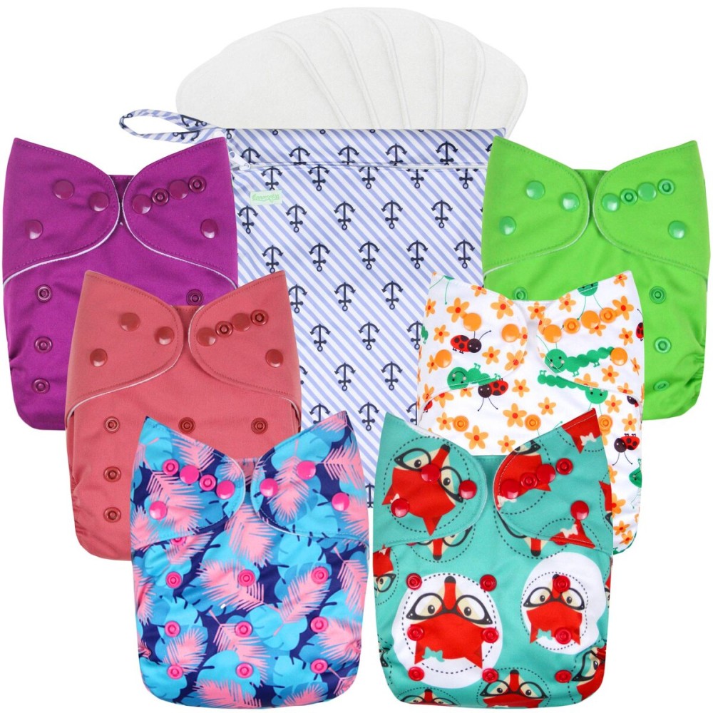 wegreeco Cloth Diapers 6 Pack with 6 Inserts, Washable Cloth Diapers for Babies, One Size Adjustable Reusable (Girl Prints + 1 Wet Bag)