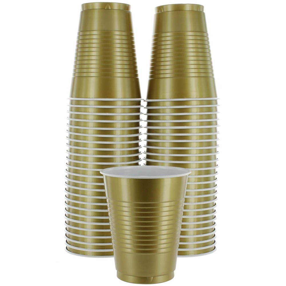 Amcrate Disposable Cups, Gold 18-Ounce Plastic Party Cups, Strong and Sturdy for Wedding, Christmas, Halloween, 50 Pack