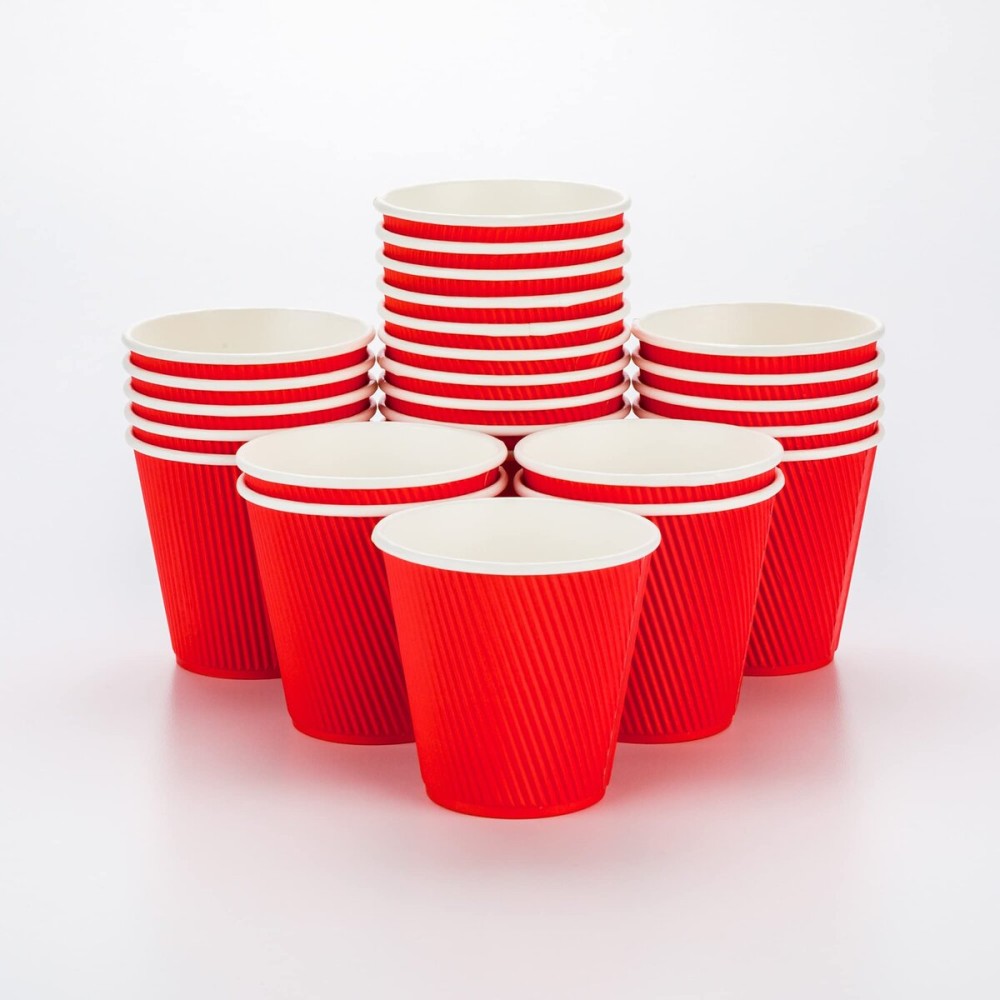 Restaurantware 8 Ounce Double Wall Disposable Coffee Cups, 25 Insulated Red Paper Tumblers With Ripple Wall Design, Lids Sold Separately for Hot Drinks like Tea, Hot Chocolate, and More