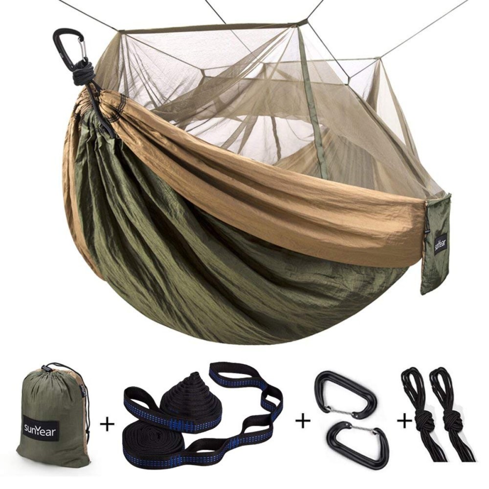 Sunyear Camping Hammock, Portable Single & Double Hammock with Net, 2 Person Hammock Tent with 2 * 10ft Straps, Best for Outdoor Hiking Survival Travel