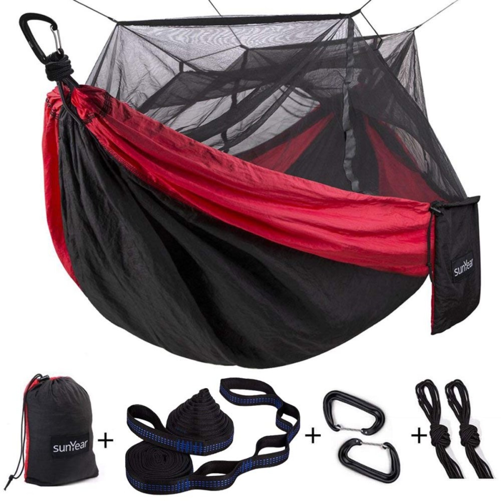 Sunyear Camping Hammock, Portable Single & Double Hammock with Net, 2 Person Hammock Tent with 2 * 10ft Straps, Best for Outdoor Hiking Survival Travel