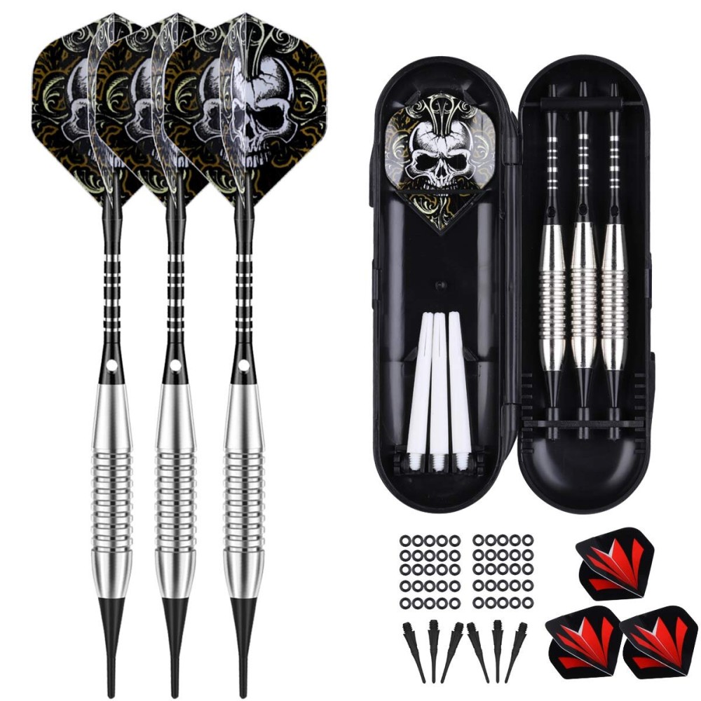 Darts Plastic Tip Set - 18g Soft Tip Darts - 16g Dart Barrels w/ 50 O-Rings + 6 ShaftsBlack Aluminum & White Plastic Rods + Extra 50 Replacement Soft Tips Accessories for Electronic Dart Board