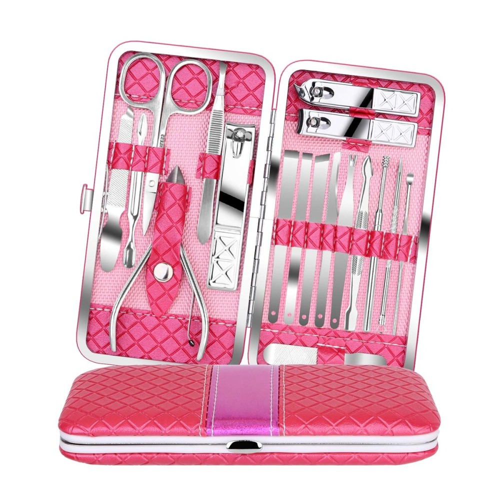 Teamkio 18pcs Manicure Set Pedicure Nail Clippers Set Travel Hygiene Kit Stainless Steel Professional Cutter Care Set Scissor Tweezer Knife Ear Pick Tools Grooming Kits with Leather Case