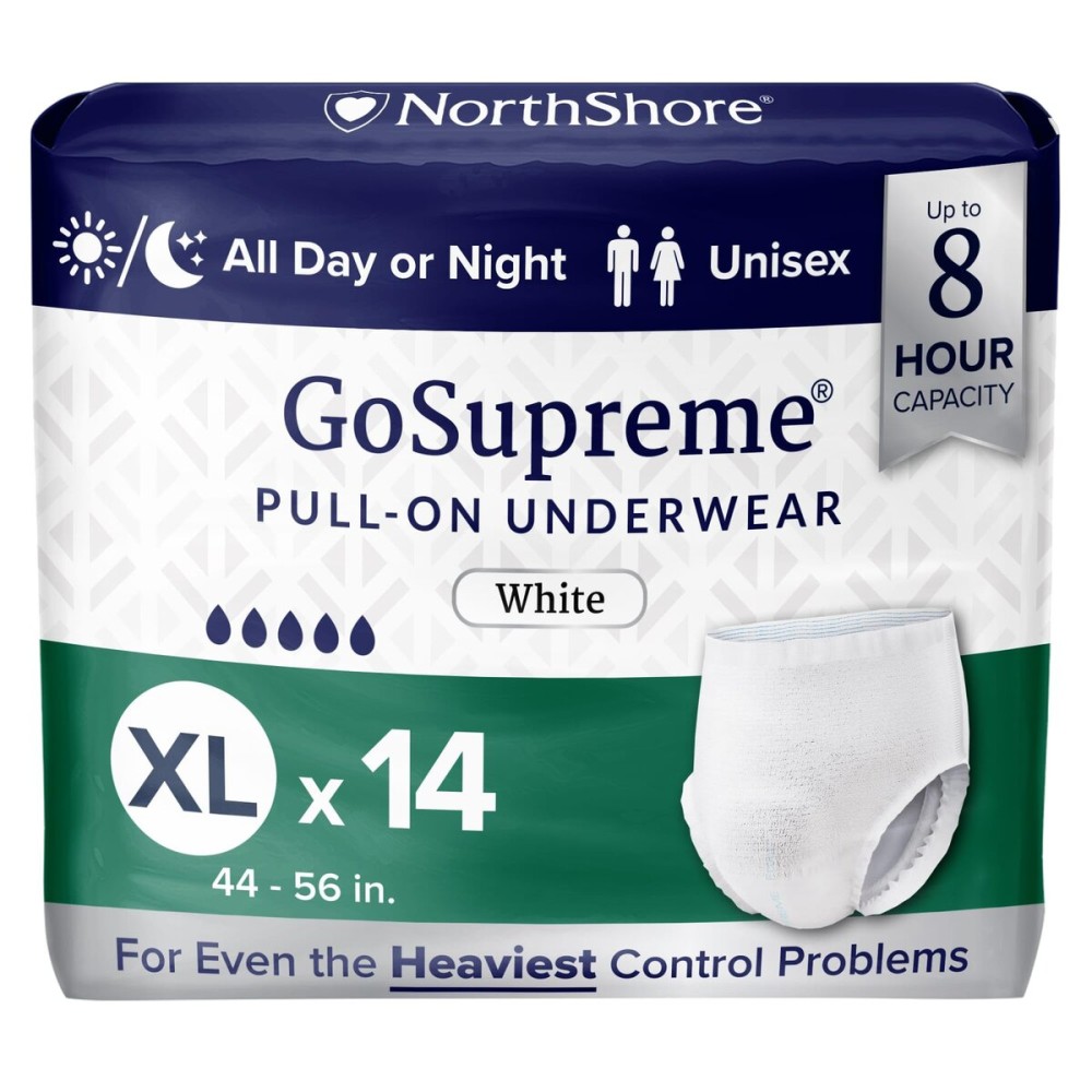 NorthShore GoSupreme Overnight Incontinence Underwear, 8-Hour Pullup Style, X-Large, 14 Count Bag, White, 44-56 inches, Unisex Adult Diapers
