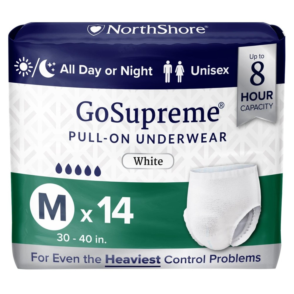 NorthShore GoSupreme Overnight Incontinence Underwear, 8-Hour Pullup Style, Medium, 14 Count Bag, White, 30-40 inches, Unisex Adult Diapers