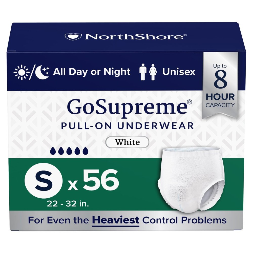 NorthShore GoSupreme Overnight Incontinence Underwear, 8-Hour Pullup Style, Small, 56 Count Case, White, 22-32 inches, Unisex Adult Diapers
