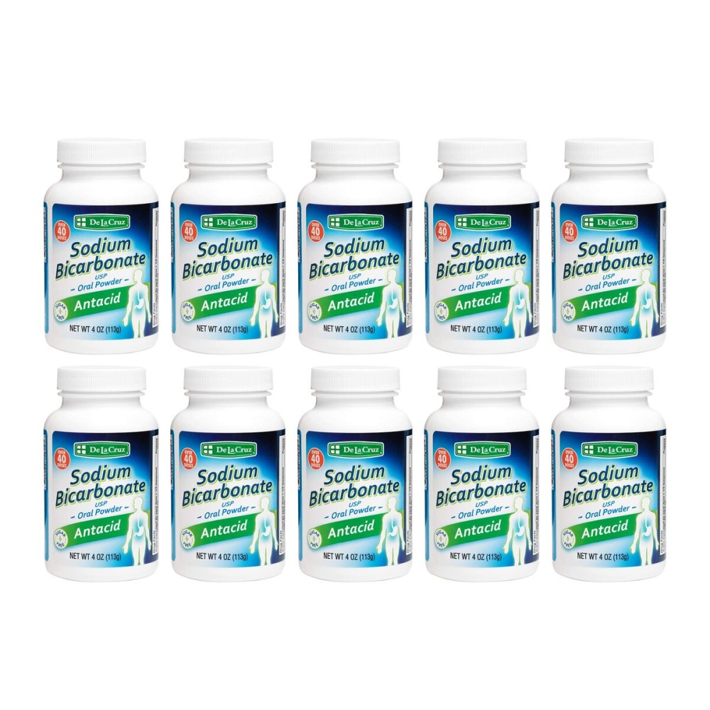 De La Cruz Pure Sodium Bicarbonate Powder - Baking Soda & Baking Powder Aluminium free Antacid for Heartburn & Indigestion - Packed in USA - 4 OZ (10 Bottles)
