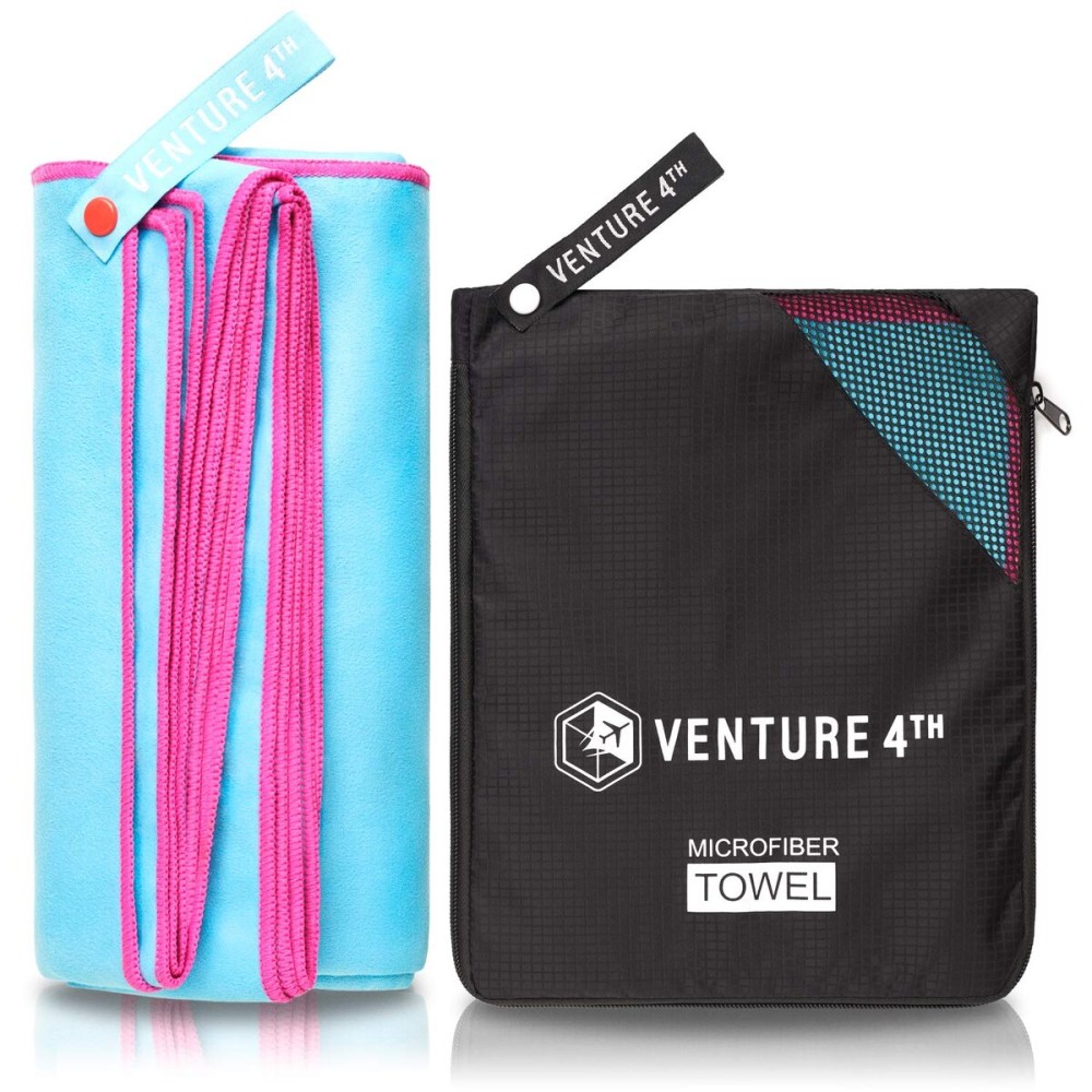 VENTURE 4TH Quick Dry Microfiber Towel - Odor Resistant, High Performance Towels for Gym, Camping, Travel, Yoga and Beach (Blue-Pink Large) - Includes Tear Resistant Bag