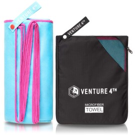 VENTURE 4TH Quick Dry Microfiber Towel - Odor Resistant, High Performance Towels for Gym, Camping, Travel, Yoga and Beach (Blue-Pink Large) - Includes Tear Resistant Bag