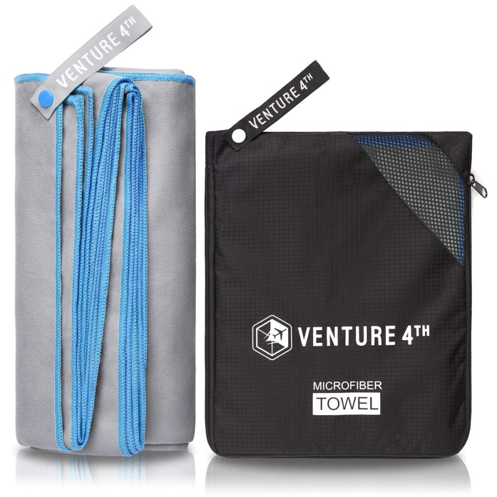VENTURE 4TH Chamois Travel Towel - Small Sports Towel: Portable Pack Towels for Sea, Summit, Camping, Backpacking, Swimming - Quickdry and Absorbant (Gray-Blue Medium)