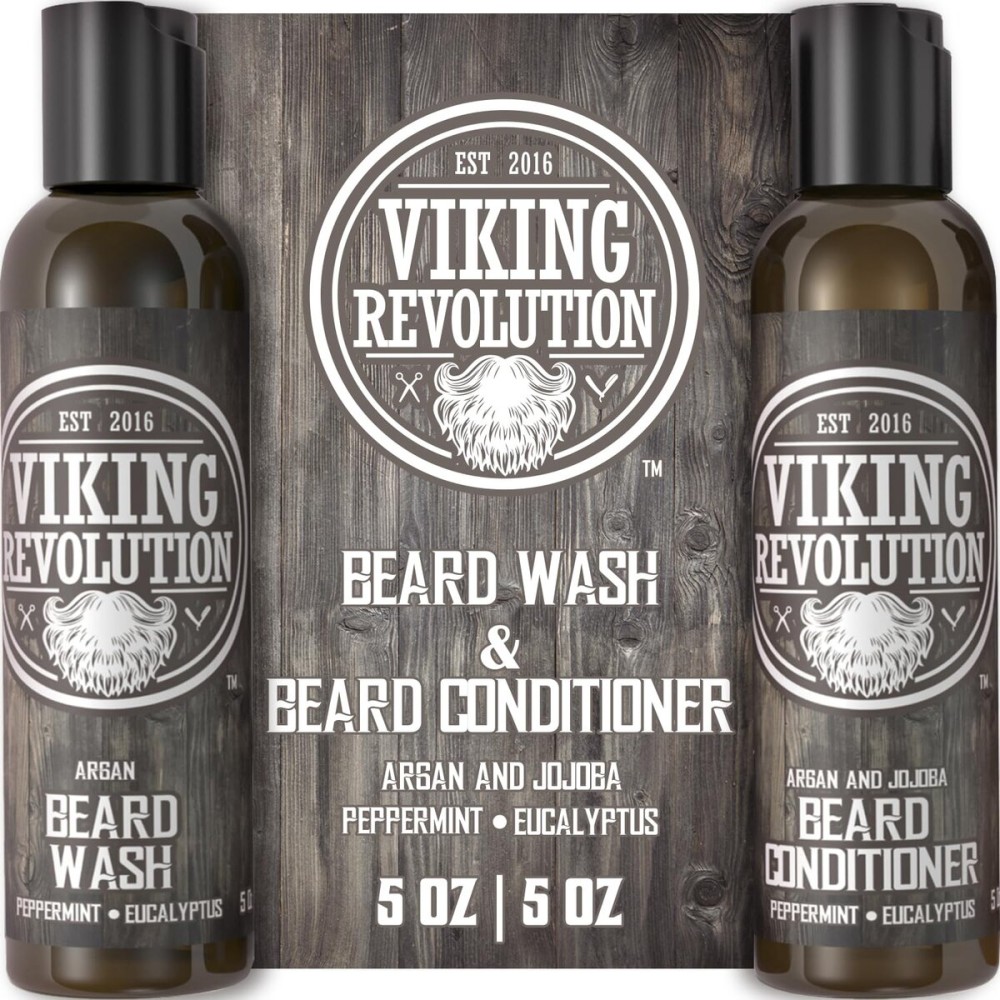 Viking Revolution Beard Care Set with Argan & Jojoba Oils - Softens, Smooths & Nourishes Facial Hair Growth - Peppermint and Eucalyptus Scented Wash & Conditioner (5 oz)