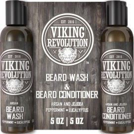 Viking Revolution Beard Care Set with Argan & Jojoba Oils - Softens, Smooths & Nourishes Facial Hair Growth - Peppermint and Eucalyptus Scented Wash & Conditioner (5 oz)