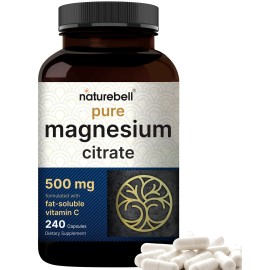 NatureBell Pure Magnesium Citrate 500mg, 240 Capsules | High-Purity Elemental Form | Non-GMO, Gluten-Free