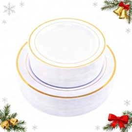 WDF 60PCS White Gold Plates Disposable - Gold Plastic Plates, Including 30-10.25inch Gold Dinner and 30-7.5inch Salad/Dessert for Christmas