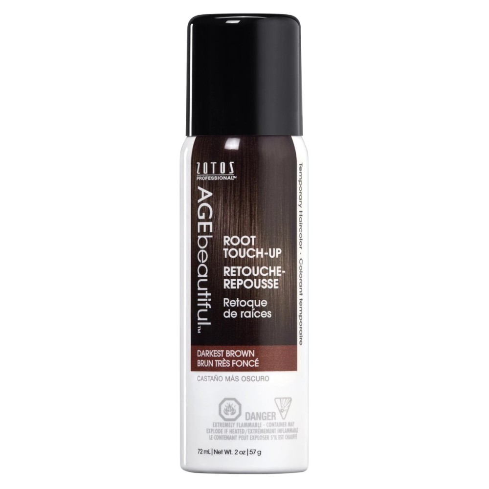 AGE beautiful Root Touch Up Hair Color Spray | Touch-Up Gray Concealer | Temporary Cover Up | Adds Volume & Covers Thinning Patches | Water, Sweat, Stain Resistant | Darkest Brown | 2 Fl Oz