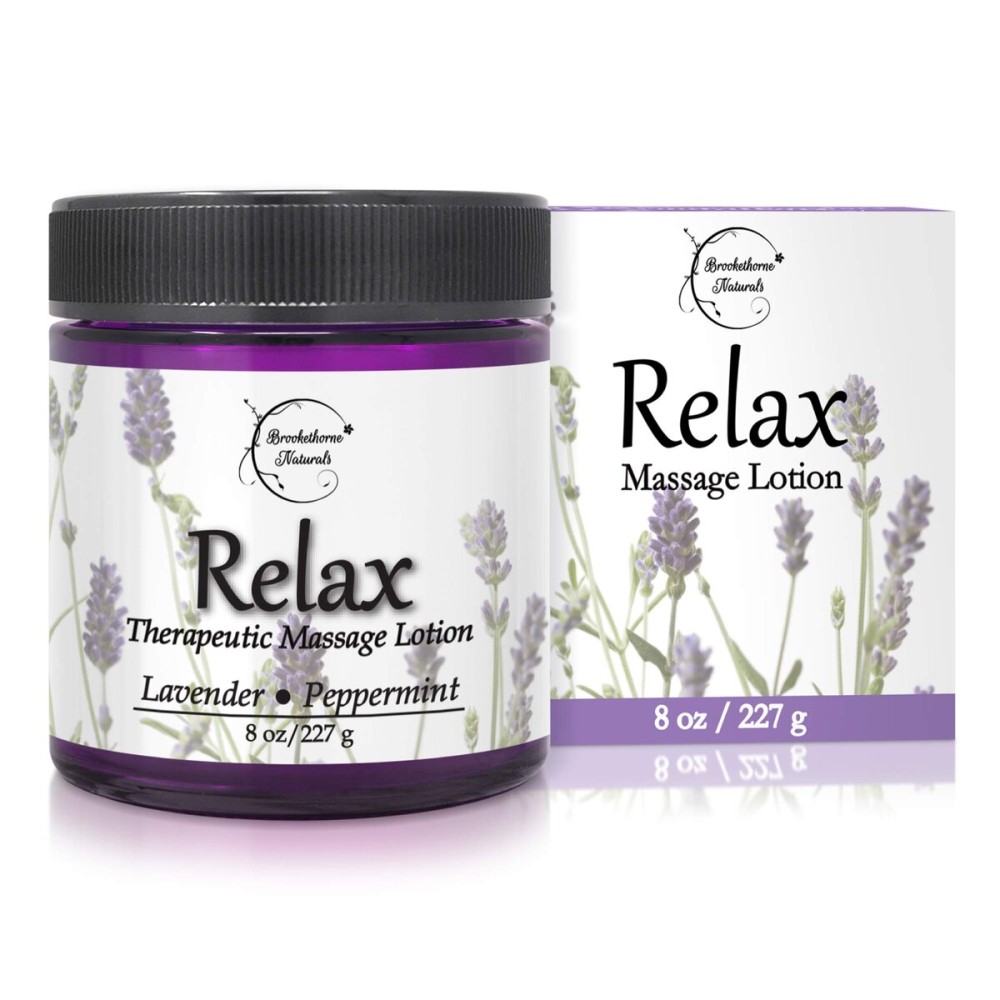 Relax Therapeutic Massage Lotion - All Natural Enriched with Lavender & Peppermint Essential Oils Perfect for Massage Therapy - Massage Cream for Full Body Massage - Brookethorne Naturals 8oz