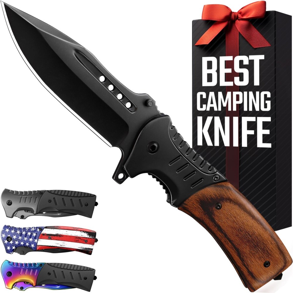 Pocket Knife for Men with Wood Handle & Glass Breaker & Pocket Clip - 3.66 Sharp Blade - Tactical Self Defense Folding Knives for Men Women Hunting Camping Military Survival Hiking Work EDC 0207