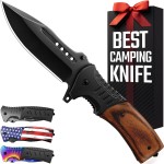 Pocket Knife for Men with Wood Handle & Glass Breaker & Pocket Clip - 3.66 Sharp Blade - Tactical Self Defense Folding Knives for Men Women Hunting Camping Military Survival Hiking Work EDC 0207