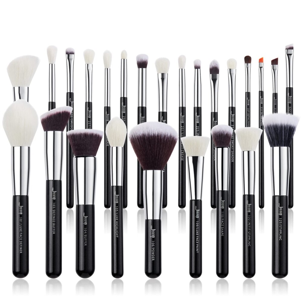 Jessup 25pcs Professional Makeup Brush Set Foundation Powder Concealer Eyeshadow Blending Blush Highlighter Natural-Synthetic Hair Brushes (Black/Silver)