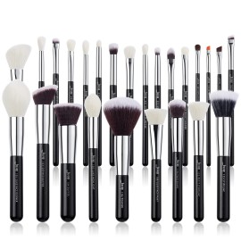Jessup 25pcs Professional Makeup Brush Set Foundation Powder Concealer Eyeshadow Blending Blush Highlighter Natural-Synthetic Hair Brushes (Black/Silver)