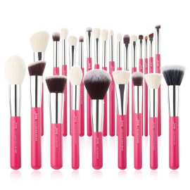 Jessup Brand 25pcs Professional Makeup Brush Set Beauty Cosmetic Foundation Powder Blusher Eye Shadow Blending Concealer Highlight Natural-Synthetic Hair Brushes Set (Rose Carmine/Silver)