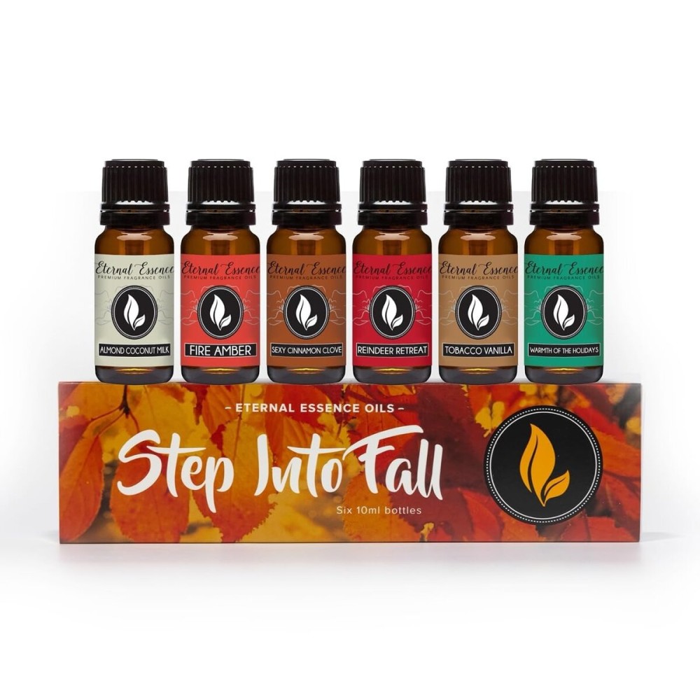 Eternal Essence Oils Step Into Fall Set of 6 Premium Fragrance Oils - Almond Coconut Milk, Fire Amber, Sexy Cinnamon Clove, Reindeer Retreat, Tabacco Vanilla, and Warmths of The Holidays - 10ML