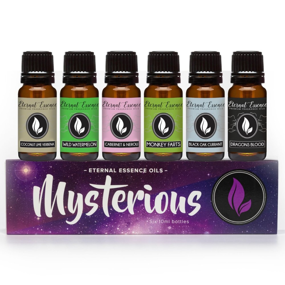 Eternal Essence Oils Mysterious Set of 6 Premium Fragrance Oils - Coconut Lime Verbena, Cabernet & Neroli, Dragons Blood, Wild Watermelon, Monkey Farts, and Black Oak Currant Scented Oils - 10ML