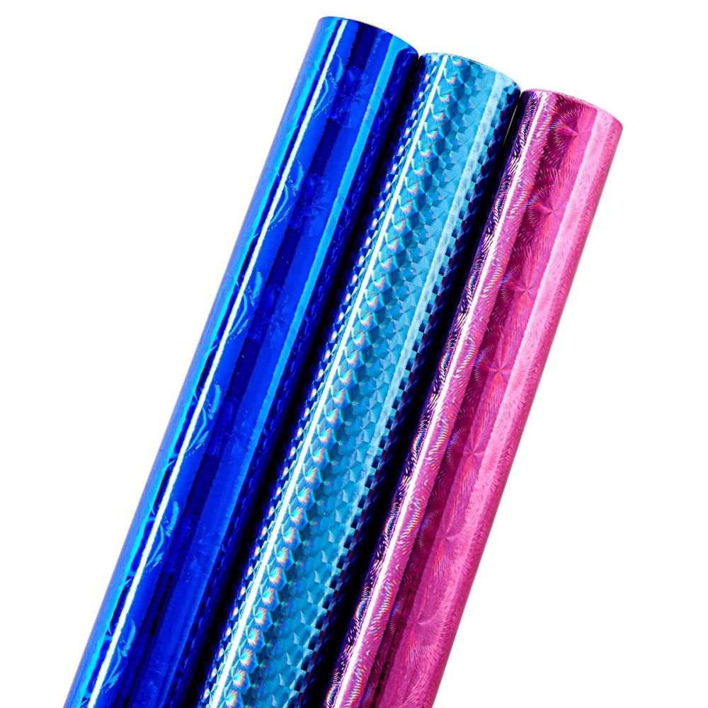 Juvale Holographic Metallic Gift Wrapping Paper Rolls - Foil Wrapping Paper Patterns - Metallic Gift Wrap for Birthday Presents - Iridescent Shine for DIY Crafts - 17.3 in x 204 in, Pack of 3