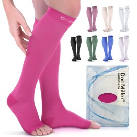 Doc Miller Open Toe Compression Socks, 20-30 mmHg, Toeless, Support Circulation, Shin Splints, Calf Recovery, Post Op, Knee High, Medical Grade, Pink Socks, Large Size for Men & Women, Pair