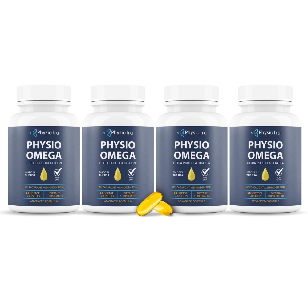Physio Omega 2400mg Fish Oil with Omega 3 Fatty Acid Supplement - Vascular & Cognitive Supplements for Adults - Non-GMO, Burpless, Light Citrus Flavor, Sustainably Sourced - 4 Packs, 240 Softgels
