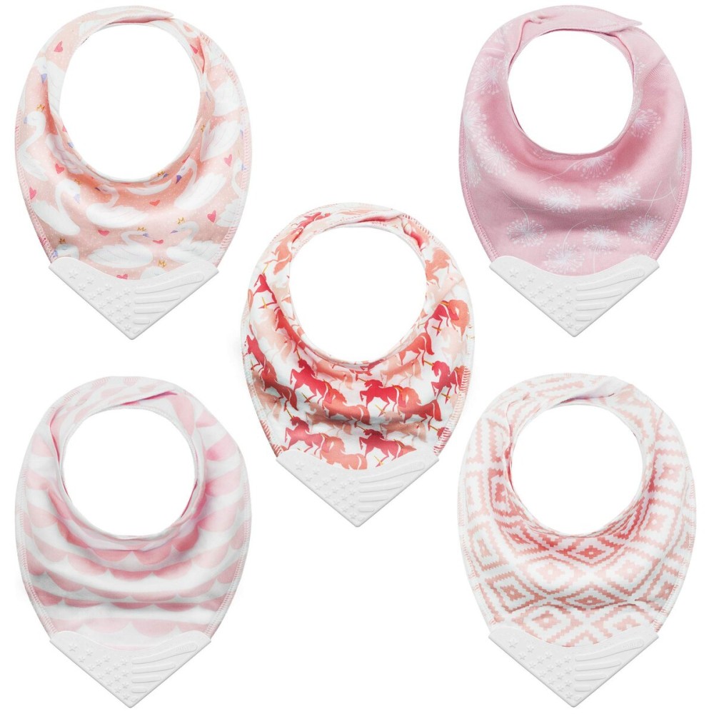 Giftty Teething Bibs Baby Bandana Bib Sets with Teething Corner(American Flag Style), BPA-Free Silicone Teether, Adjustable Snap for Girls (5 Packs)