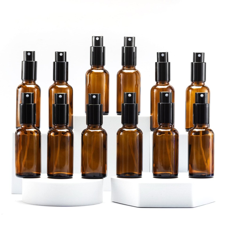 YIZHAO Amber Glass Spray Bottles 1oz, with Small Fine Mist Spray, Metal Cap, Refillable for Essential Oil,Travel,Cleaning,Perfume,Aromatherapy,Makeup - 12 Pcs