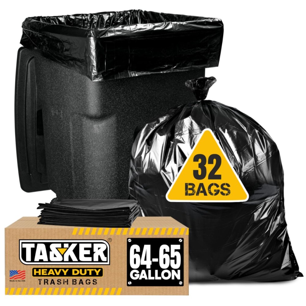 Tasker 65 Gallon Trash Bags for Toter, (Value-Pack 32 Count w/Ties) Extra Large 64 Gallon Heavy Duty, 60 Gal Trash Bags Outdoor Garbage Can Liner for Custodians