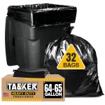 Tasker 65 Gallon Trash Bags for Toter, (Value-Pack 32 Count w/Ties) Extra Large 64 Gallon Heavy Duty, 60 Gal Trash Bags Outdoor Garbage Can Liner for Custodians